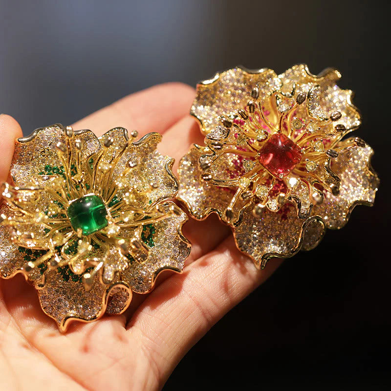 Buddha Stones Peony Flower Prosperity Copper Brooch