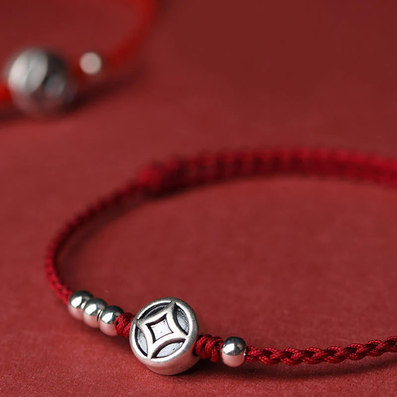 Buddha Stones 999 Sterling Silver Copper Coin Charm Handmade String Strength Bracelet Anklet