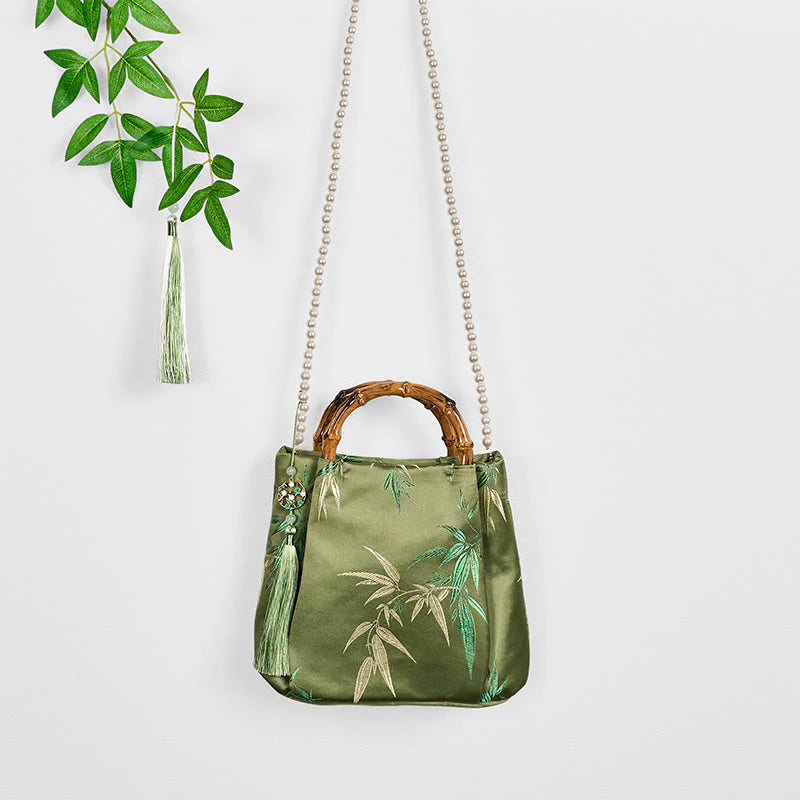 Buddha Stones Embroidery Leaves Bamboo Handle Pearl Crossbody Bag Hangbags
