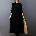 Buddha Stones Fall Buttons Design Long Sleeve Cotton Corduroy Midi Dress With Pockets