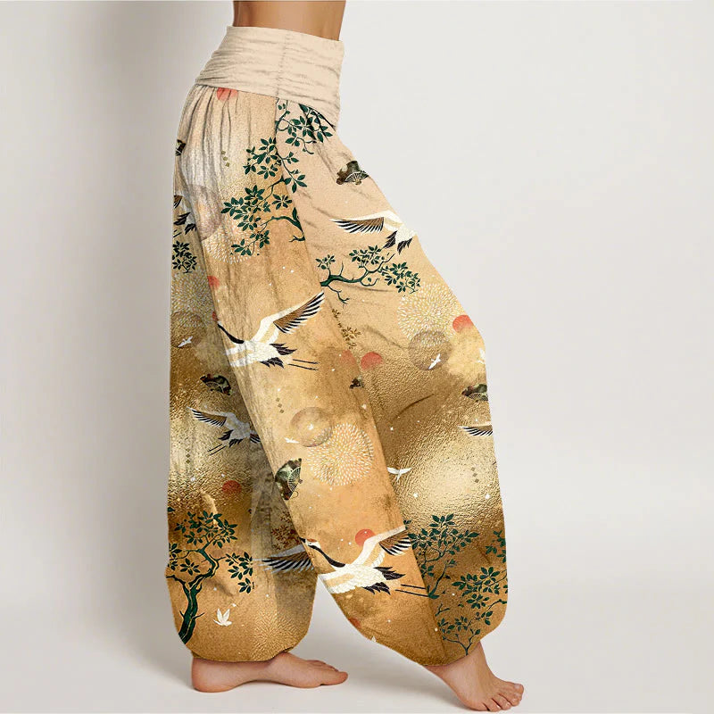 Buddha Stones Cotton Traditional Crane Pine Tree Bird Fan Sun Pattern Women's Elastic Waist Harem Pants