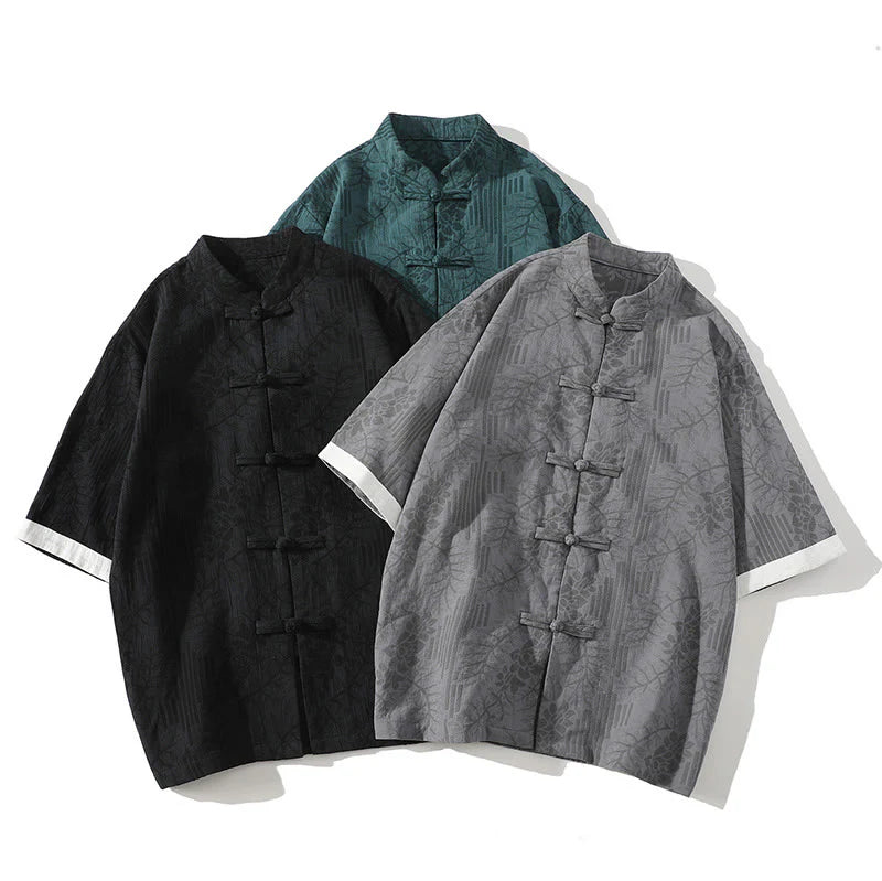 Buddha Stones Casual Summer Jacquard Floral Pattern Frog-Button Men's Stand Collar Contrasting Color Half Sleeve Cotton Cardigan Shirt