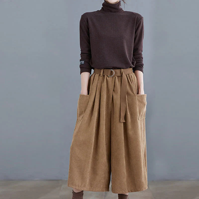 Buddha Stones Retro Women's Wide Leg 7-8 Length Corduroy Pants With Pockets Belt