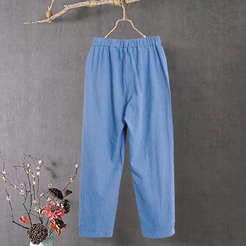 Buddha Stones Casual Pure Color Hollow Button Cuff Design Women's Cotton Linen Pants With Pockets