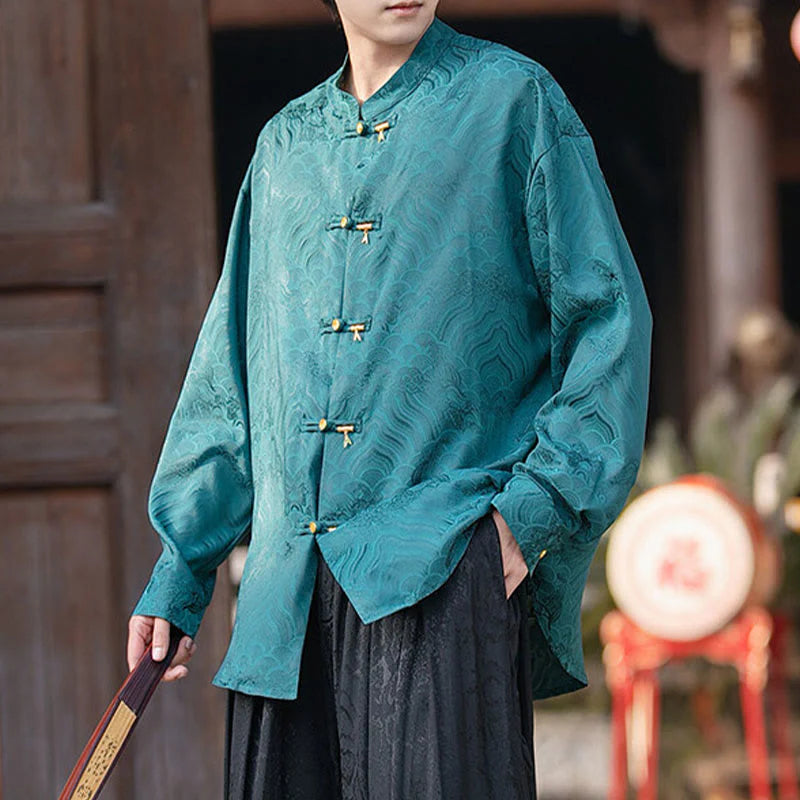 Buddha Stones Chinese Frog-Button Bamboo Shape Design Stand Collar Men's Long Sleeve Shirt