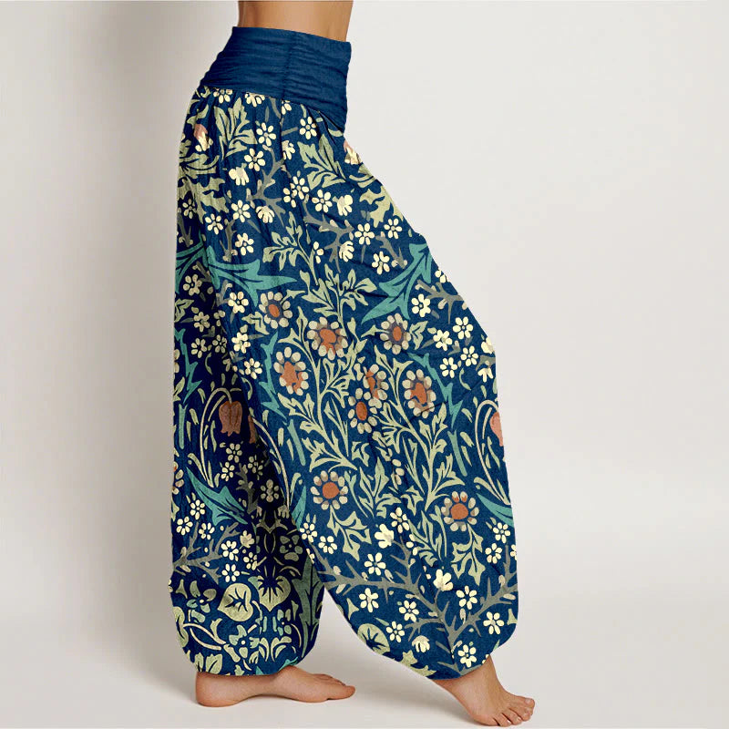 Buddha Stones Pure Cotton Retro Flowers Leaves Pattern Women's Elastic Waist Harem Pants