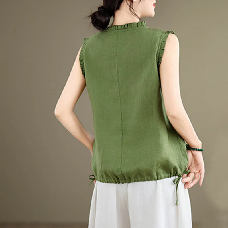 Buddha Stones Summer Ruffled Design Drawstring Crew Neck Cotton Linen Women's Sleeveless Vest