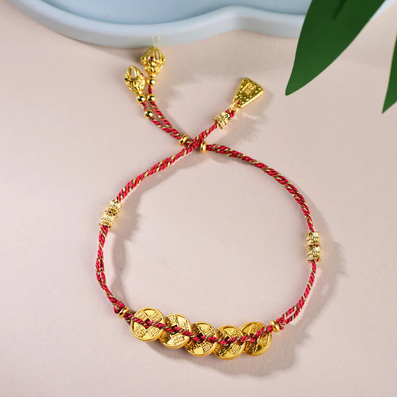 Buddha Stones Five-Emperor Coins Copper Balance Hand-Woven String Bracelet