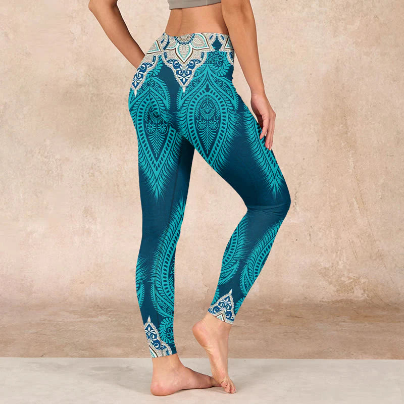 Buddha Stones Green Feather Flower Print Gym Fitness Leggings Women's Yoga Pants