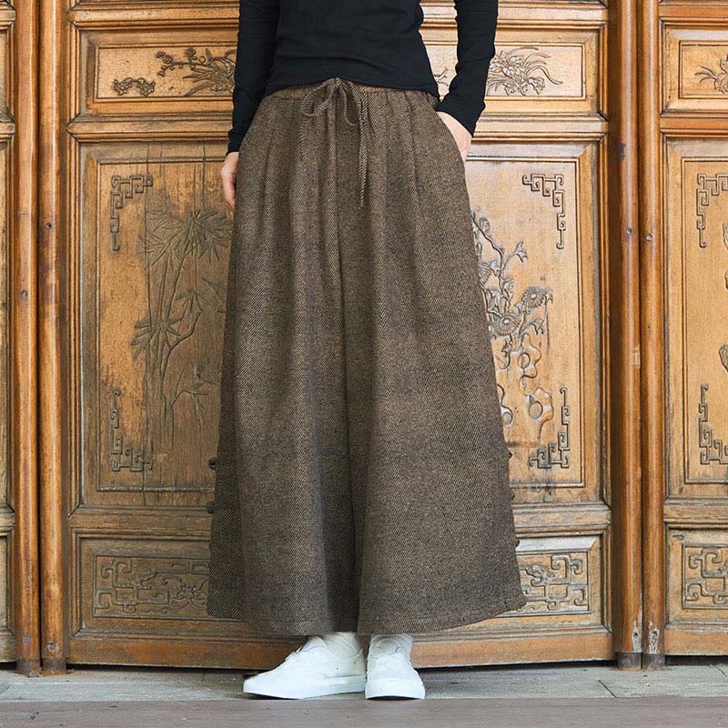 Buddha Stones Winter Chinese Frog-Button Design Corduroy Thermal Men's Wide Leg Pants With Pockets