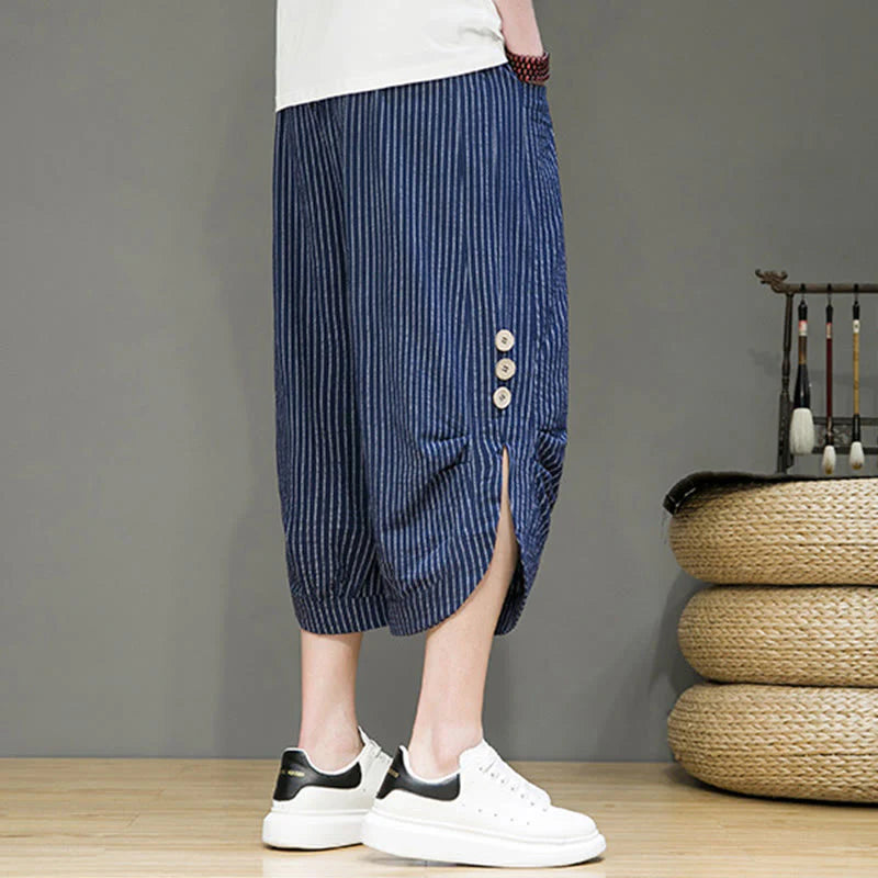 Buddha Stones Casual White Stripes Pattern Drawstring Button Design Men's Cotton Cropped Harem Pants With Pockets