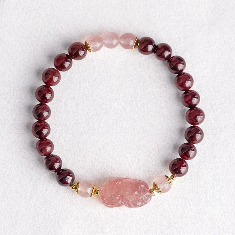 Buddha Stones Garnet Strawberry Quartz Pixiu Lucky Bracelet