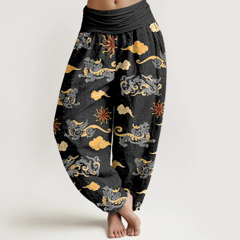 Buddha Stones Cotton Gorgeous Dragon Auspicious Beast Cloud Pattern Women's Elastic Waist Harem Pants
