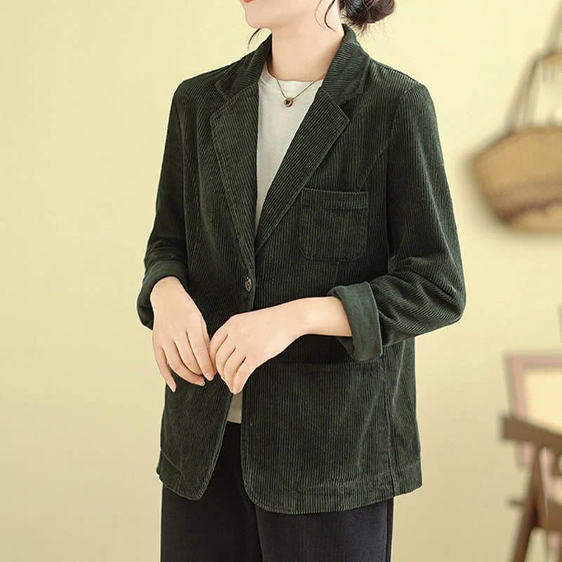 Buddha Stones Retro Plain Women's Long Sleeve Corduroy Jacket With Pockets