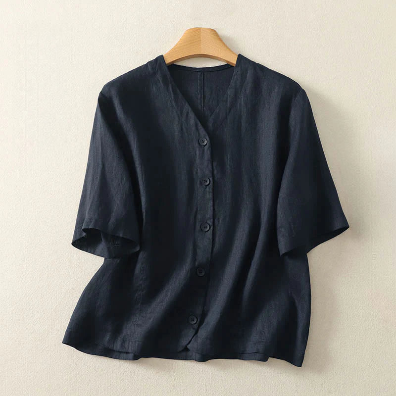 Buddha Stones Summer Solid Color V-Neck Buttons Simple Design Women's Short Sleeve Shirt