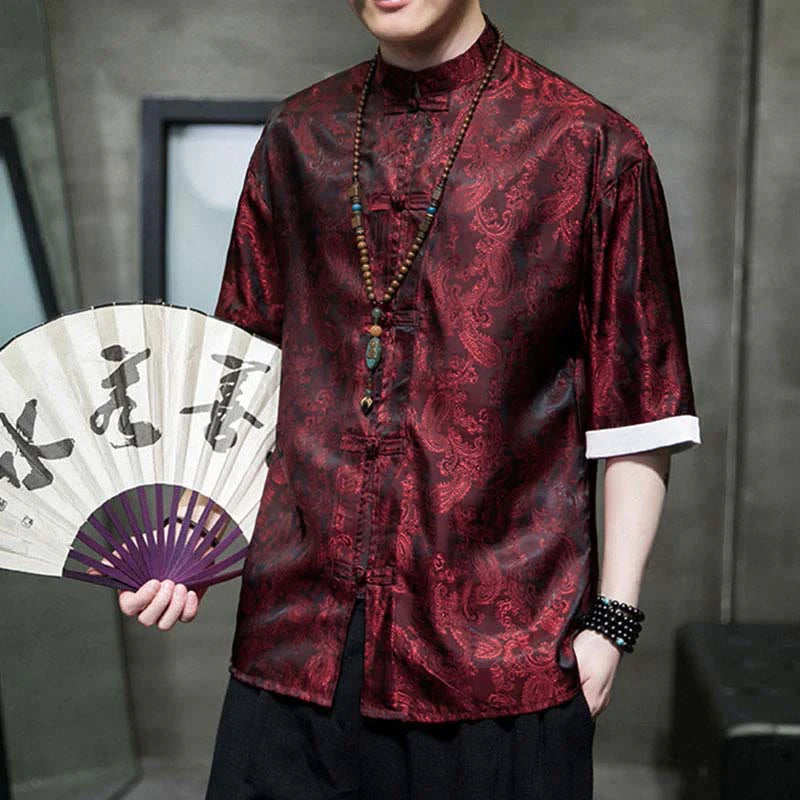 Buddha Stones Summer Cashew Flowers Pattern Men's Frog-Button Half Sleeve Shirts