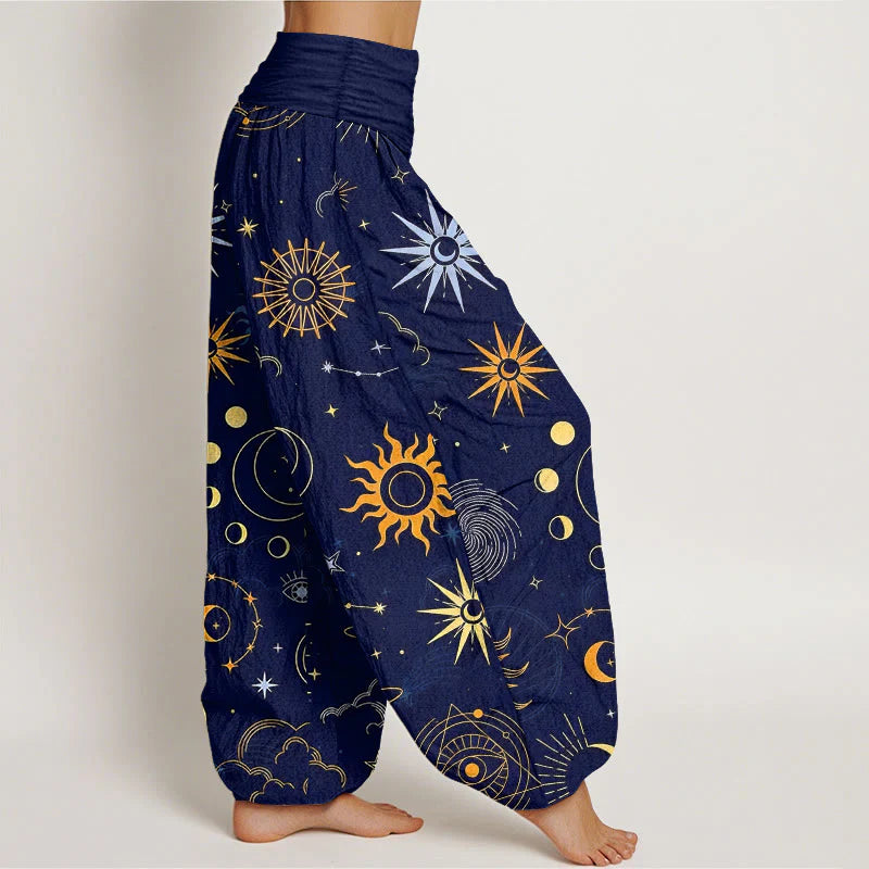 Buddha Stones Cotton Moon Sun Cloud Star Constellation Pattern Women's Elastic Waist Harem Pants