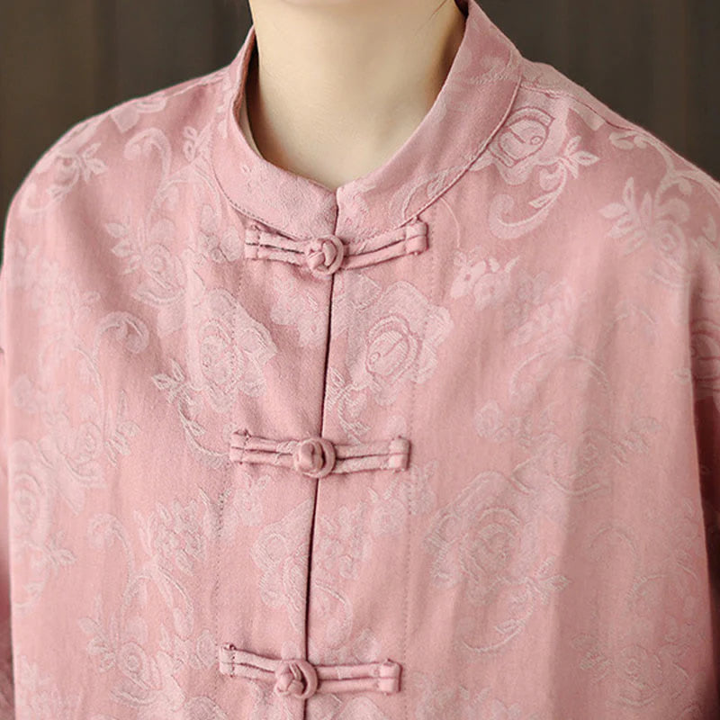 Buddha Stones Fall Floral Print Frog-Button Stand Collar Long Sleeve Women's Cotton Shirt