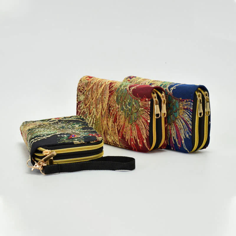 Buddha Stones Peacock Double-sided Embroidery Cash Holder Wallet Shopping Purse