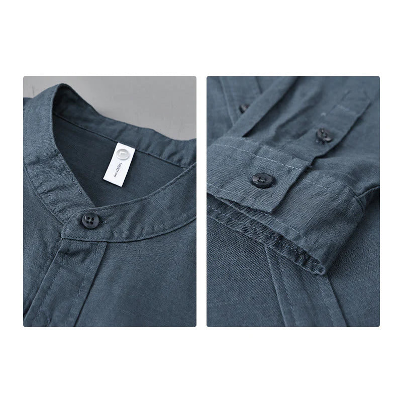 Buddha Stones Men's Long Sleeve Stand Collar With Pocket Pure Color Casual Cotton Linen Shirt