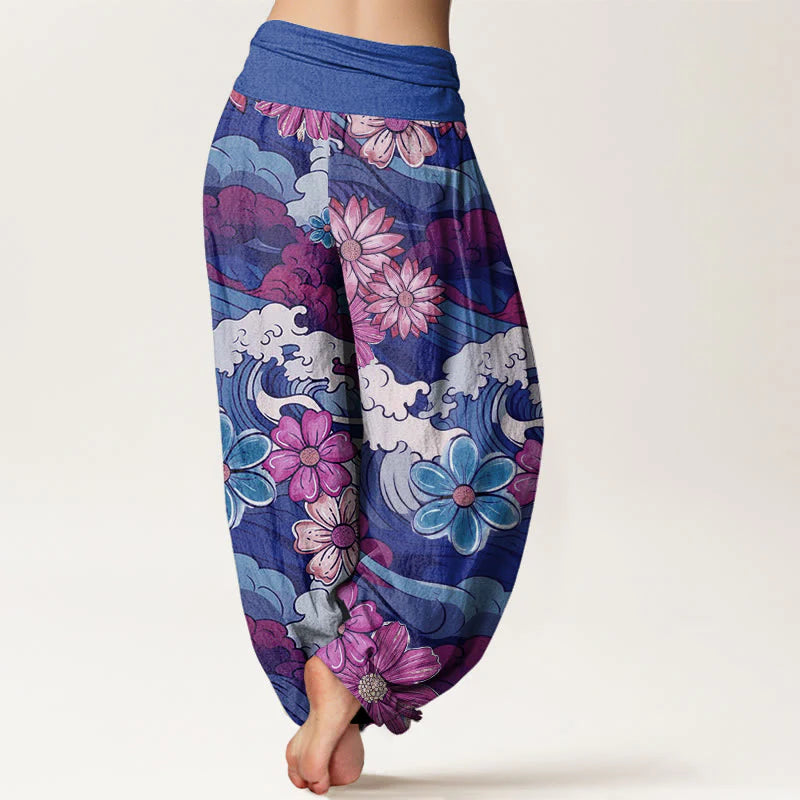 Buddha Stones Cotton Colorful Ocean Wave Various Flower Pattern Women's Elastic Waist Harem Pants