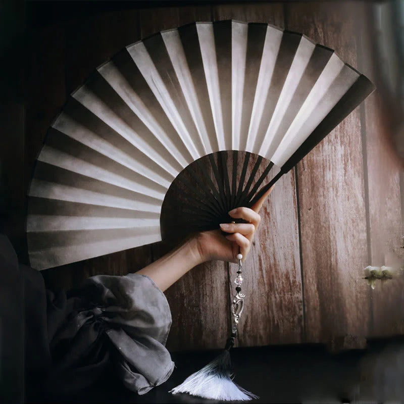 Buddha Stones Black White Ink Gradient Rice Paper Handheld Bamboo Folding Fan