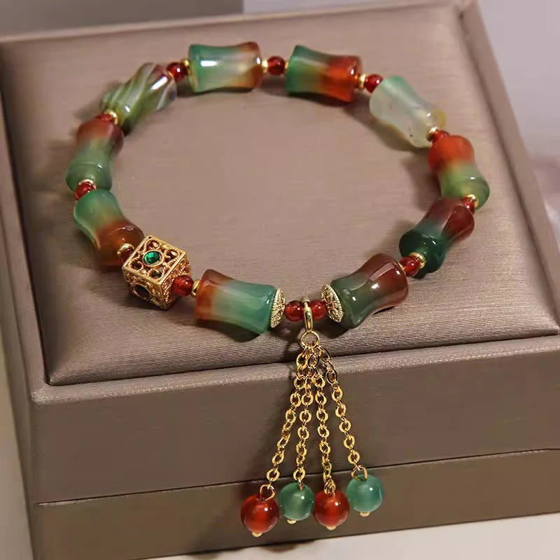 Buddha Stones Colorful Peacock Agate Bamboo Beads Tassel Courage Bracelet