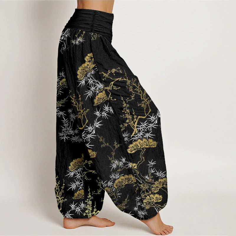 Buddha Stones Pure Cotton Pine Bamboo Plum Pattern Women's Elastic Waist Harem Pants
