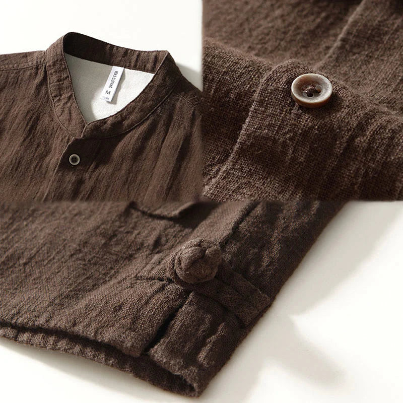 Buddha Stones Fall Solid Long Sleeve Buttons Men's Ramie Cotton Shirt With Pockets