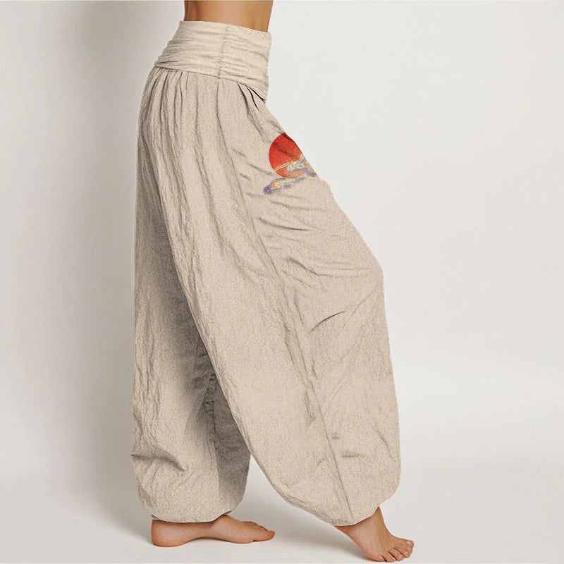 Buddha Stones Pure Cotton Concise Sun Cloud Crane Pine Tree Pattern Women's Elastic Waist Harem Pants