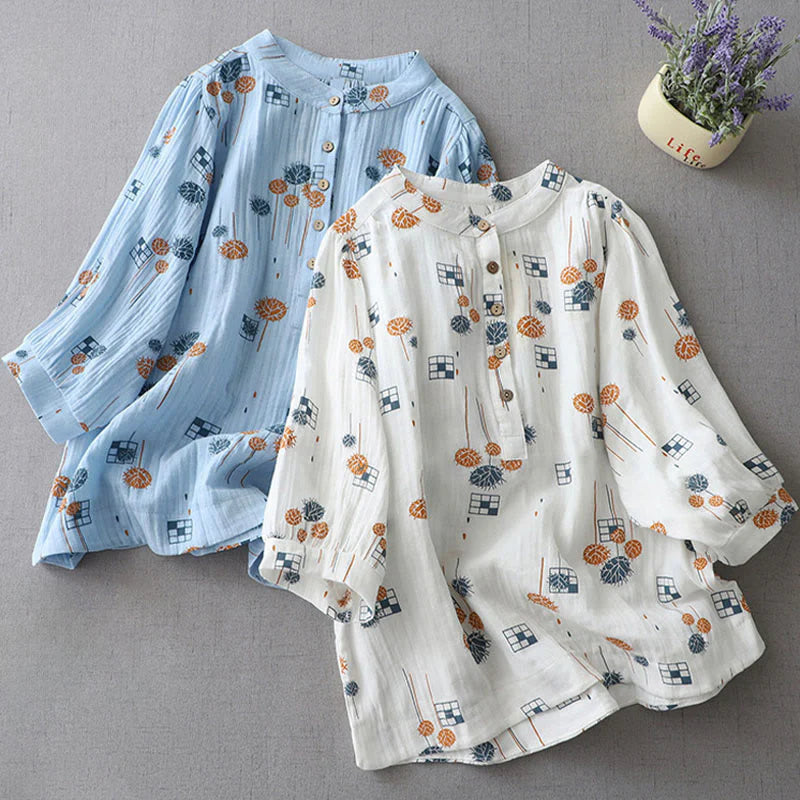 Buddha Stones Printed Half Button DesignThree Quarter Gathered Sleeve Women's Cotton Shirt