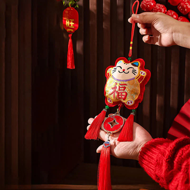 Buddha Stones Embroidery Year Of The Horse Fu Character Copper Coin Shape Red String Hanging Decoration