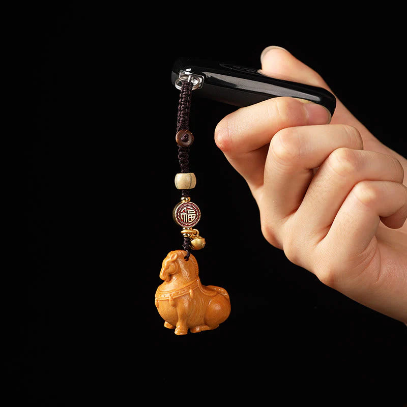 Buddha Stones Year Of The Horse Fu Character Small Leaf Red Sandalwood Various Sandalwood Balance Key Chain