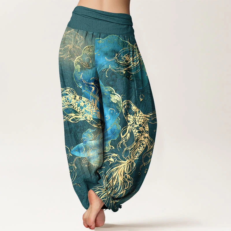 Buddha Stones Pure Cotton Lively Koi Fish Pattern Women's Elastic Waist Harem Pants