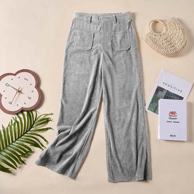 Buddha Stones Plain Corduroy Polyester Women's Buttons Wide Leg Pants With Pockets