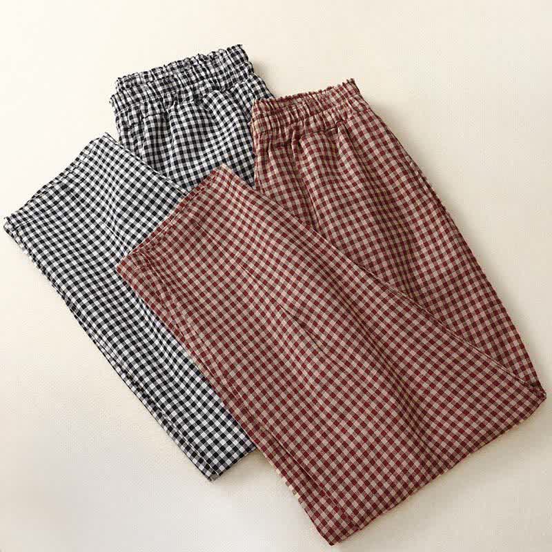 Buddha Stones Summer Plaid Elastic Waist Cropped Women's Tapered Pants With Pockets