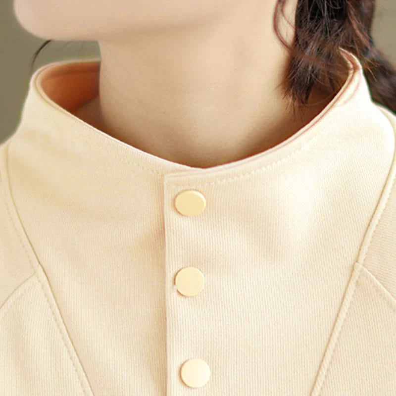 Buddha Stones Fall Solid Stand Collar Buttons Design Long Sleeve Women's Cotton Sweatshirt