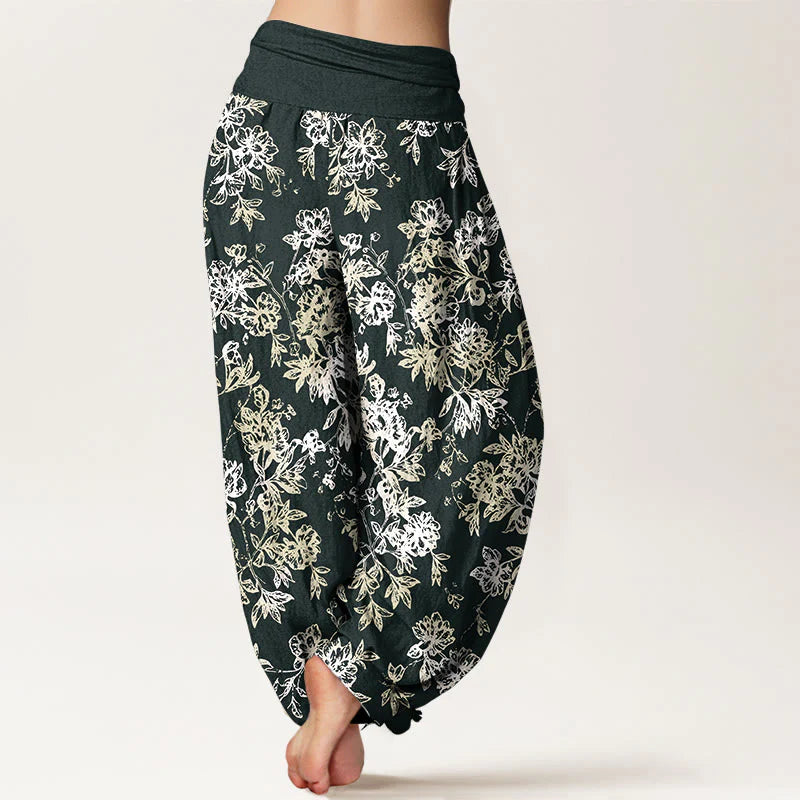 Buddha Stones Cotton Retro Layered Petals Pattern Women's Elastic Waist Harem Pants
