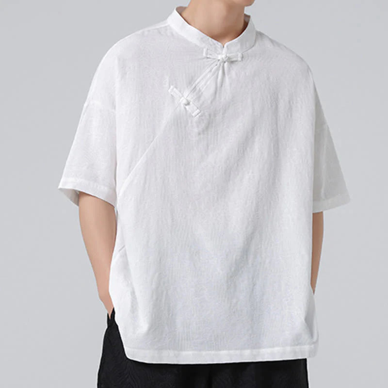 Buddha Stones Retro Pure Color Frog-Button Design Jacquard Flower Pattern Men's Short Sleeve Cotton Linen Shirt