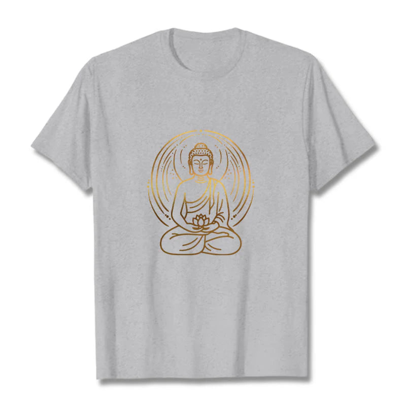 Buddha Stones Golden Meditation Buddha Halo Holding A Lotus Flower Tee T-shirt