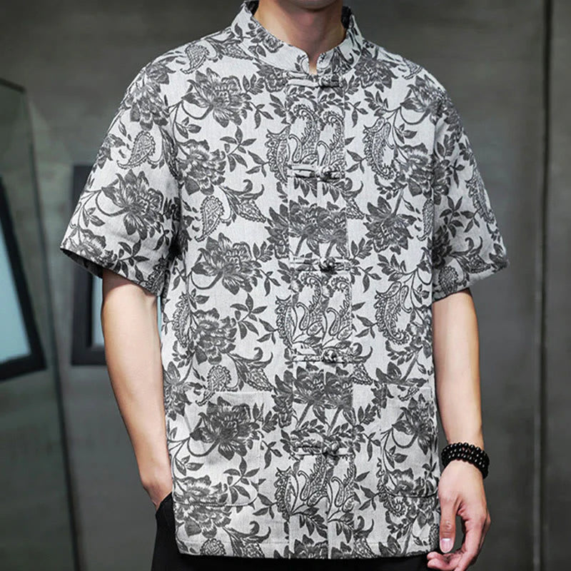 Buddha Stones Casual Jacquard Paisley Flower Plant Pattern Frog-Button Design Men's Cotton Shirt Cardigan With Pockets