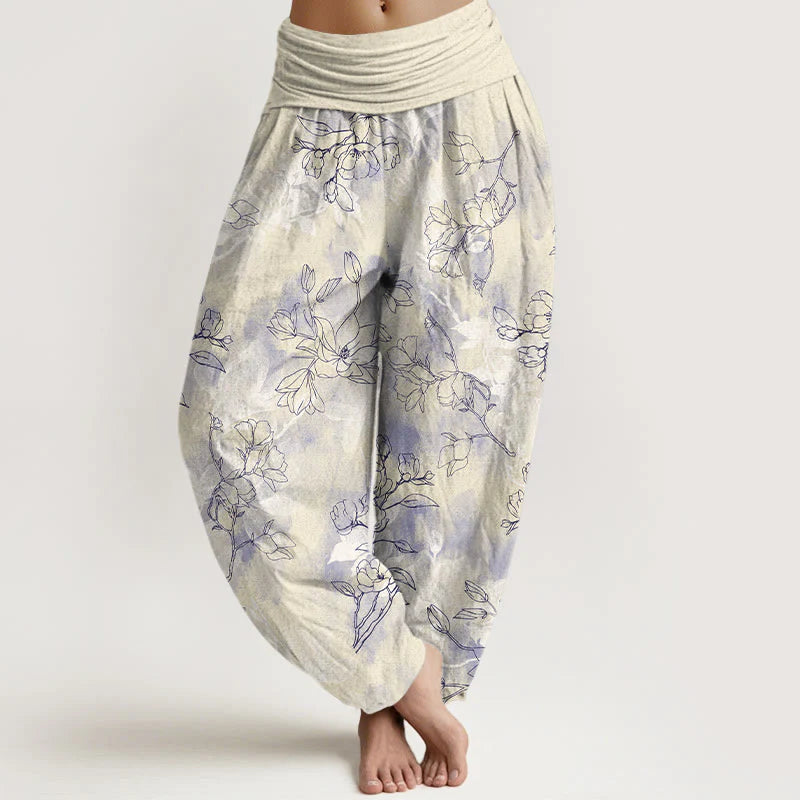 Buddha Stones Cotton Fresh Flower Bud Pattern Women's Elastic Waist Harem Pants