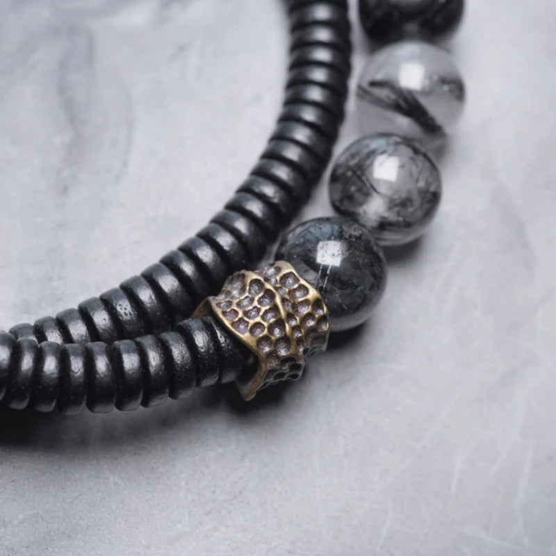 Buddha Stones Black Rutilated Quartz Ebony Wood Copper Wisdom Couple Bracelet