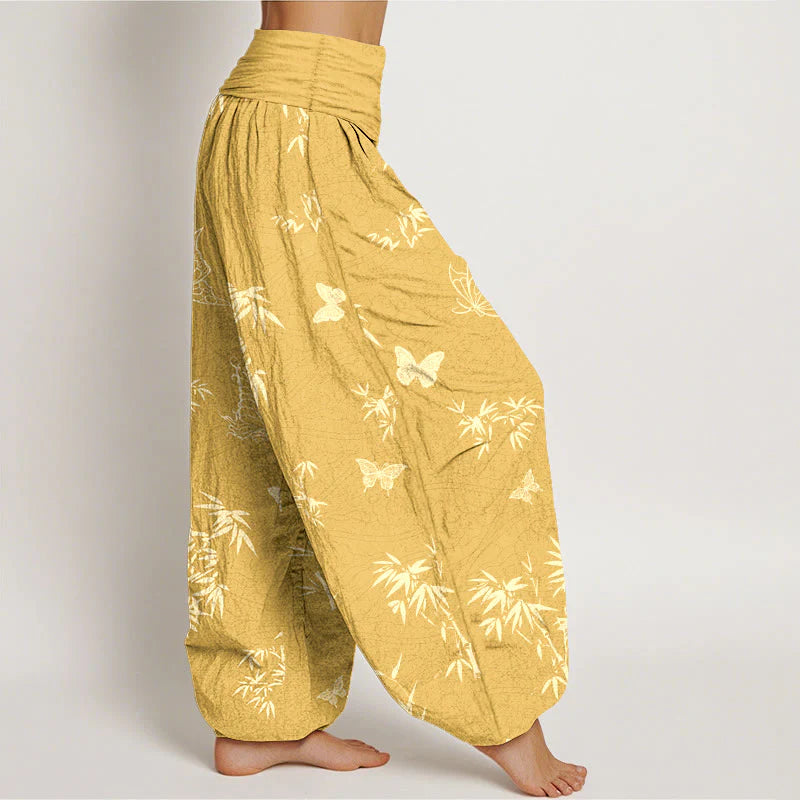 Buddha Stones Cotton Elegant Butterfly Bamboo Pattern Women's Elastic Waist Harem Pants