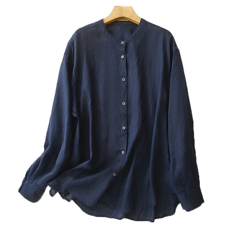 Buddha Stones Solid Color Crew Neck Buttons Design Women's Cotton Long Sleeve Shirt