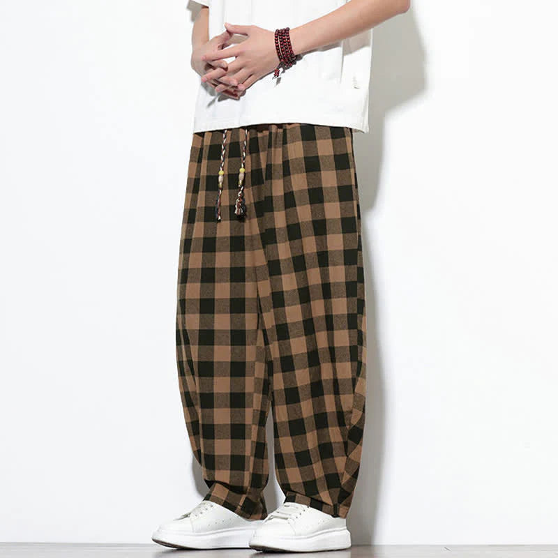 Buddha Stones Summer Plaid Pattern High Waist Drawstring Men's Harem Pants With Pockets