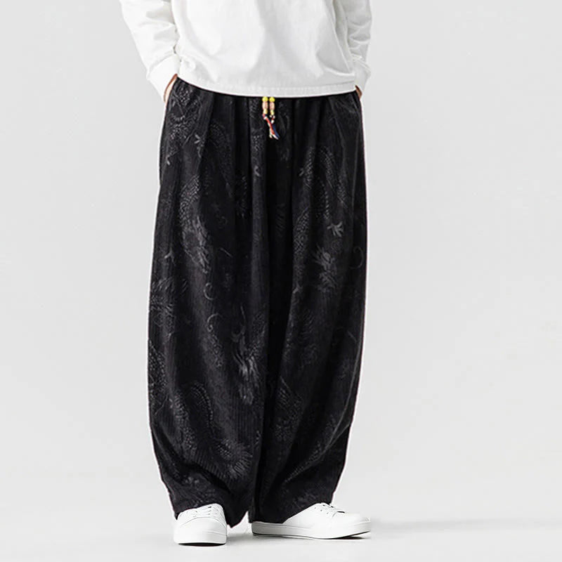 Buddha Stones Winter Dragon Phoenix Pattern Cotton Corduroy Men's Harem Pants With Pockets