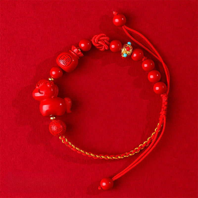 Buddha Stones Year of the Horse Natural Cinnabar Fu Character Lucky Bag Blessing Bracelet