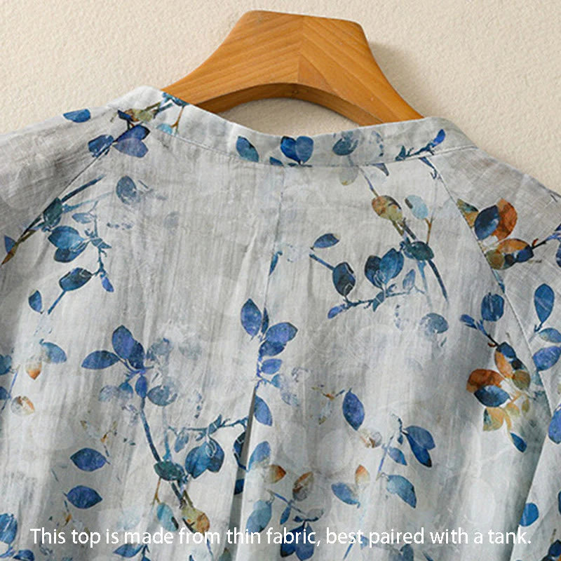 Buddha Stones Blue Floral V-Neck Three Quarter Sleeve Women's Cotton Shirt