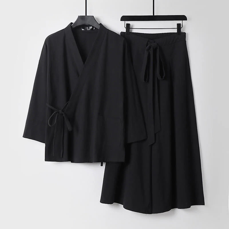 Buddha Stones 2Pcs Fall Lace-up Cotton Kimono Ankle-Length Wide Leg Pants With Pockets Men's Meditation Cloth Set